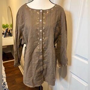 Erika Woman Embroidered Linen-Blend Tunic Top 1X – Boho Sequin Detail